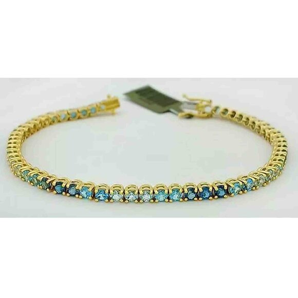 Genuine 8.94 Ct Aquamarine Blue Topaz & Blue Zircon Tennis Bracelet .925 Silver
